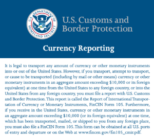 TSA Form explaining Currency Reporting Requirements