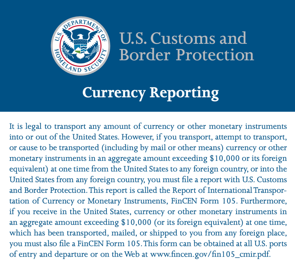 FinCEN Form 105 Airport Seizures of Cash for Money Laundering