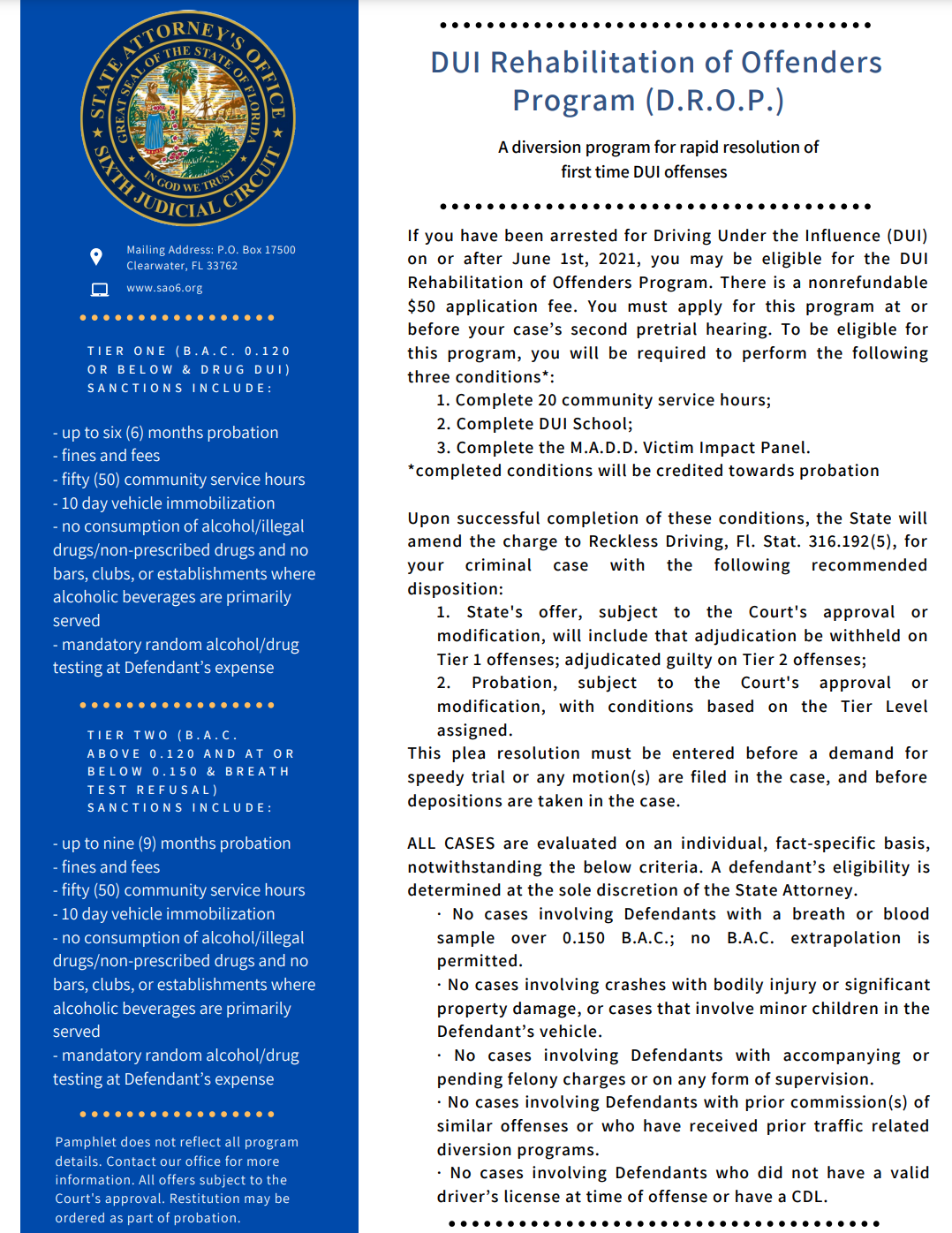 D.R.O.P. DUI Diversion in Pasco County, FL, for a First DUI