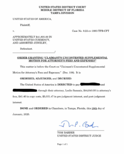 order awarding attorney fees civil asset forfeiture tampa fl