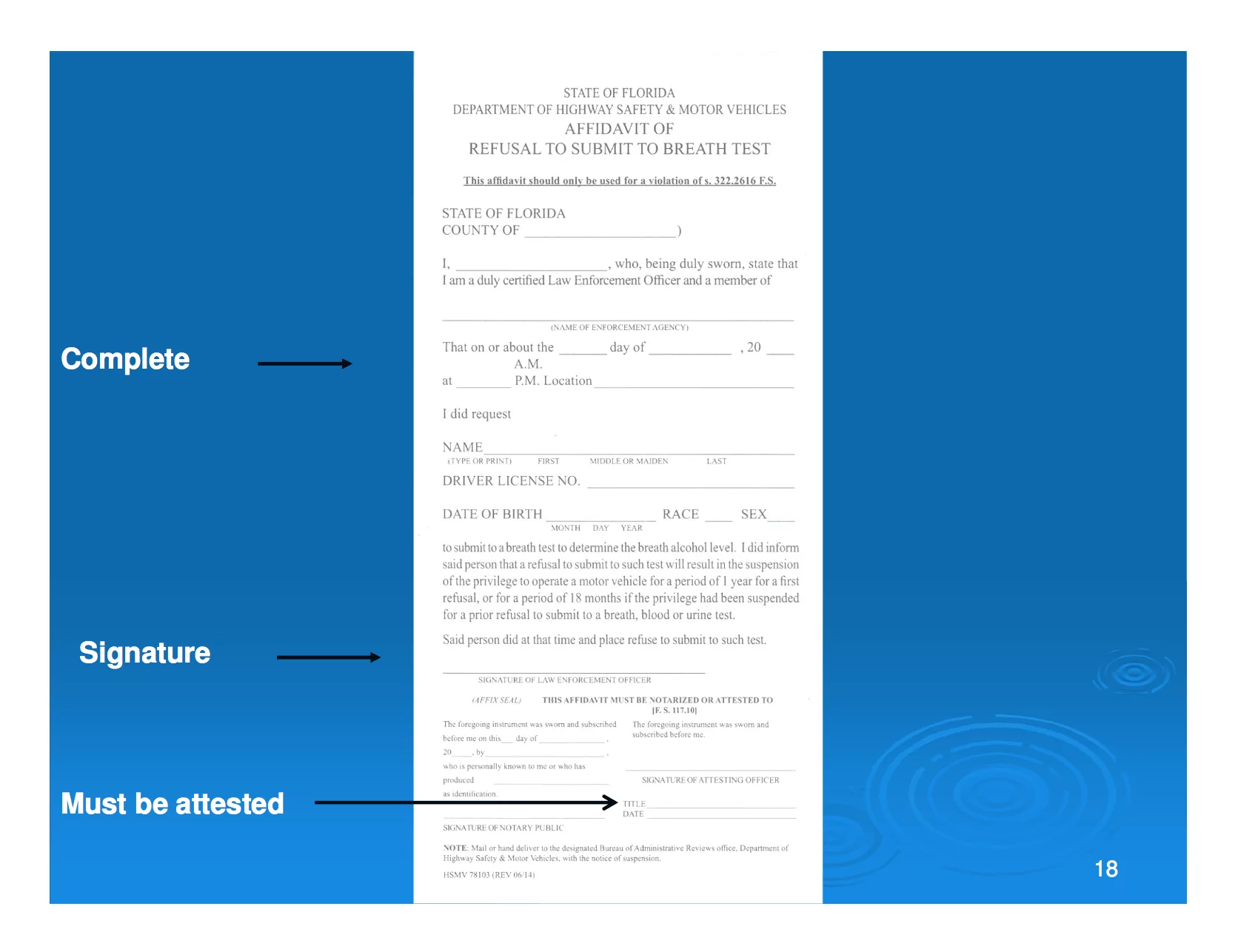 Florida 322.2615 affidavit of breath test refusal 