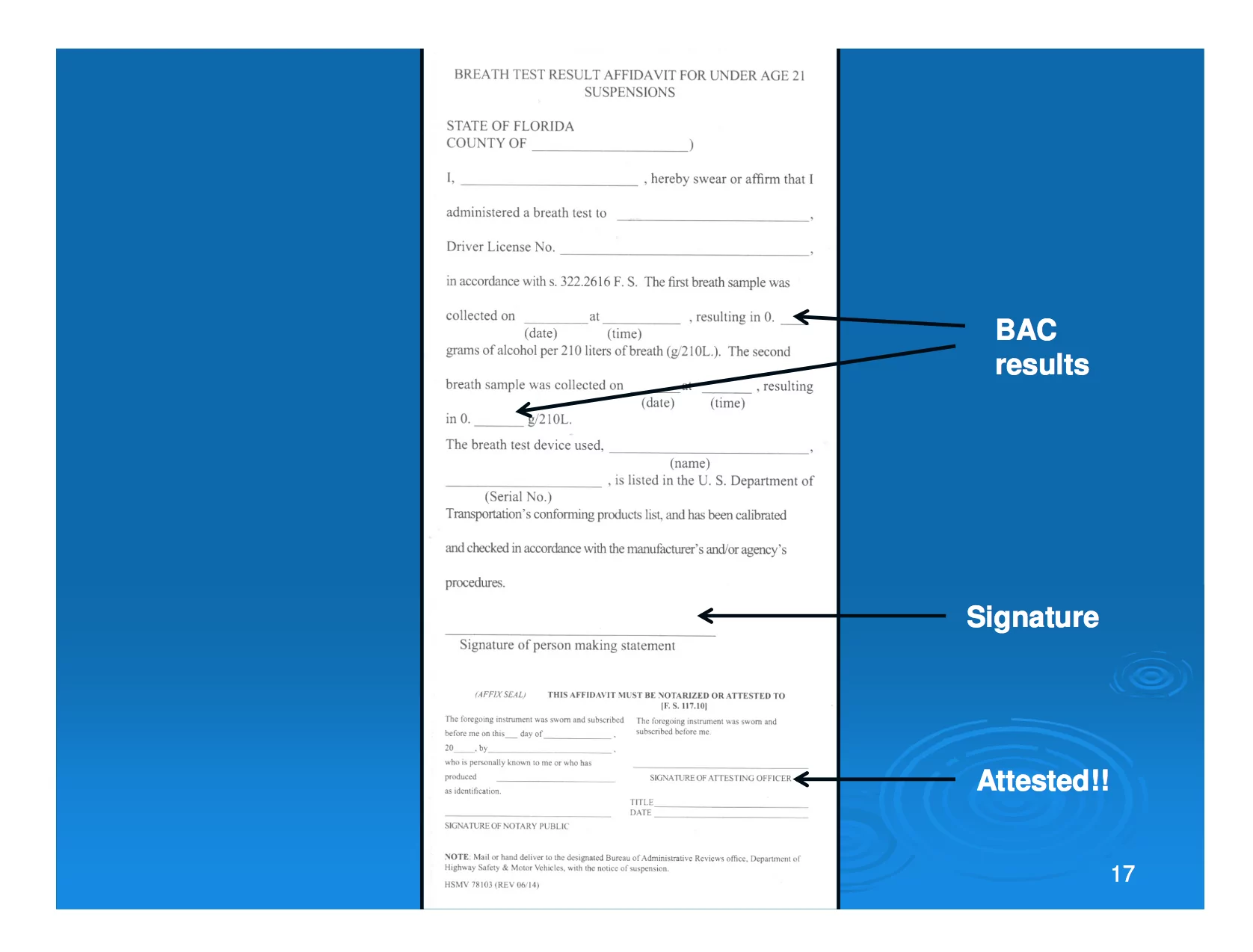 Florida 322.2616 breath test refusal affidavit under 21 